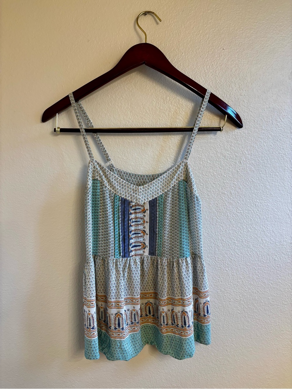Anthropologie Vanessa Virginia Boho Print Tank Top in Teal Ivory in a medium sz